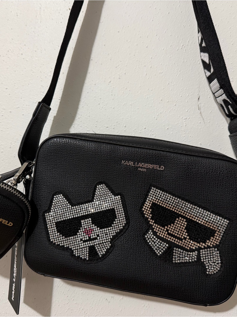 Karl Lagerfeld Black Pebbled Leather Crossbody with Branded Tag